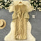 V-neck 3D Floral Ruffled Gold Dress