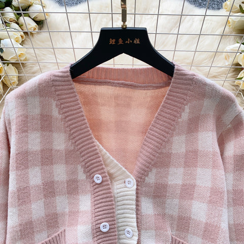 Lace-trim Cardigan&Skirt Plaid 2Pcs