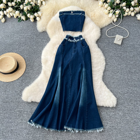 Tank Top & Fringed Skirt Denim 2Pcs