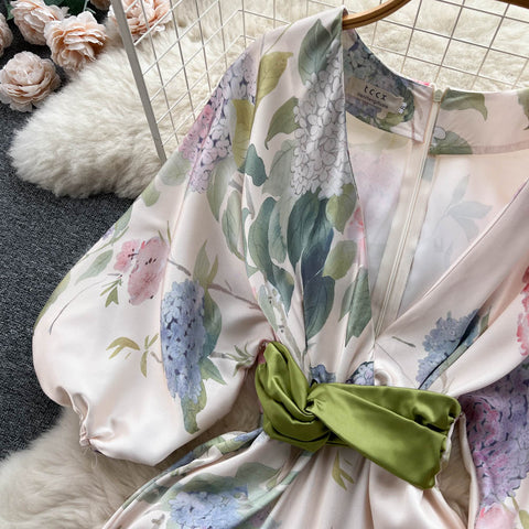 Japanese-Inspired Floral Print V-Neck Dress
