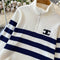 Lapeled Stripe Embroidered Pullover Knitwear