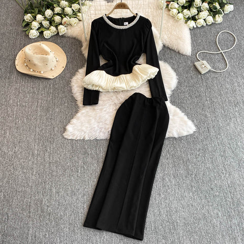 Ruffled Knitwear&Trousers Black 2Pcs