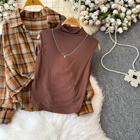 Plaid Shirt&Sleeveless Bottoming 2Pcs