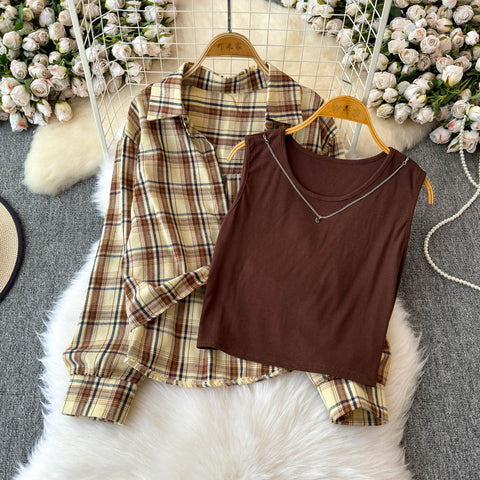 Plaid Shirt&Sleeveless Bottoming 2Pcs