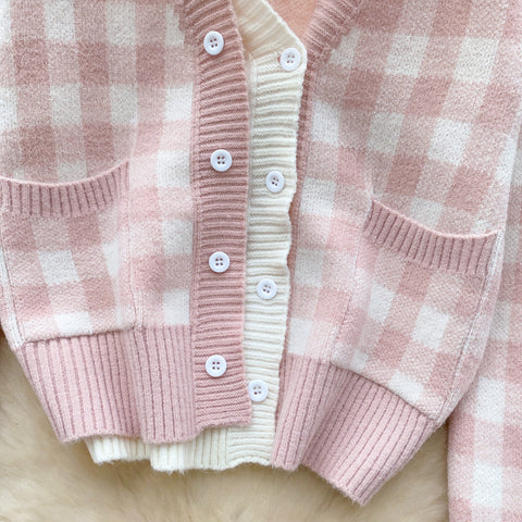 Lace-trim Cardigan&Skirt Plaid 2Pcs
