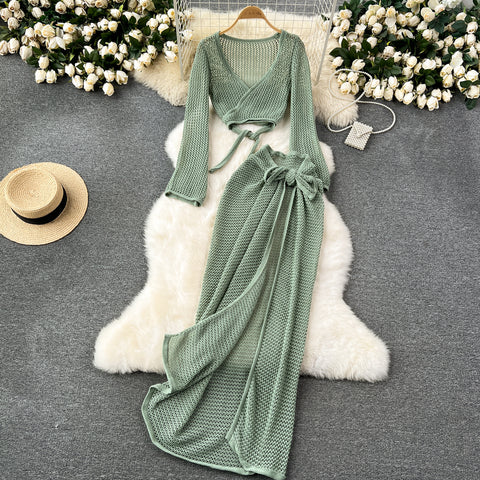 V-neck Knitwear&Skirt Hollowed 2Pcs
