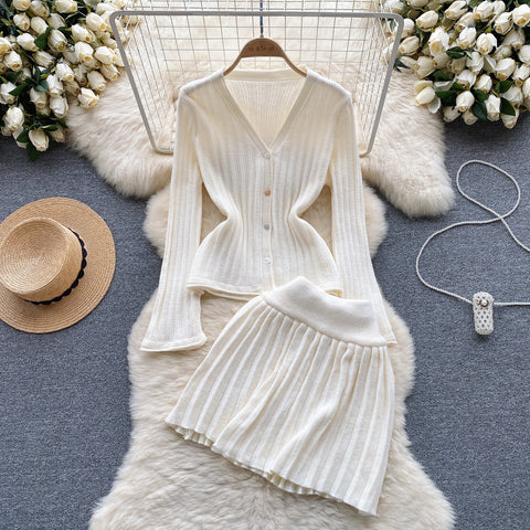 V-neck Cardigan&Pleated Skirt 2Pcs