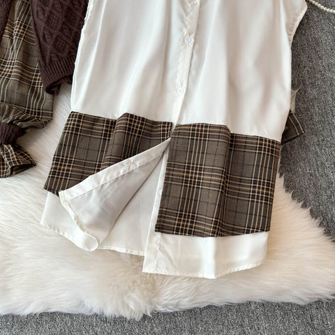 Plaid Patchwork Cardigan&White Shirt 2Pcs