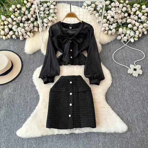 Bow Cardigan&Skirt Patchwork 2Pcs