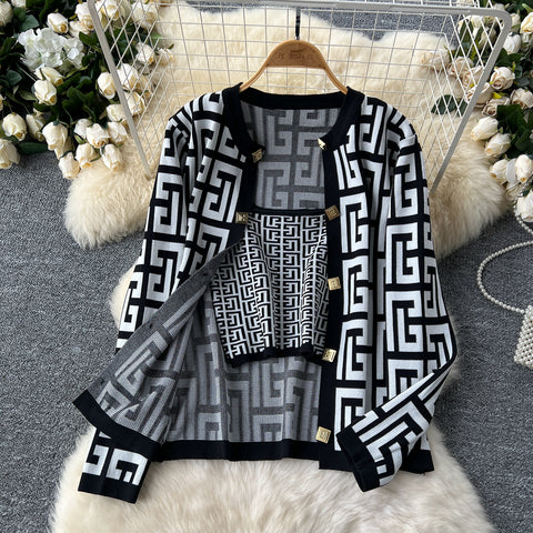 Maze Pattern Cardigan&Camisole&Trousers 3Pcs