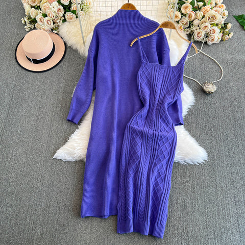 Twisted Knit Vest Dress&Cardigan 2Pcs