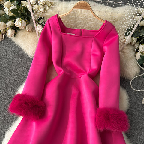Furry Cuff Patchwork Rose Red Dress