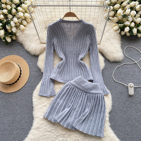 Waist-slimming Cardigan&Pleated Skirt 2Pcs