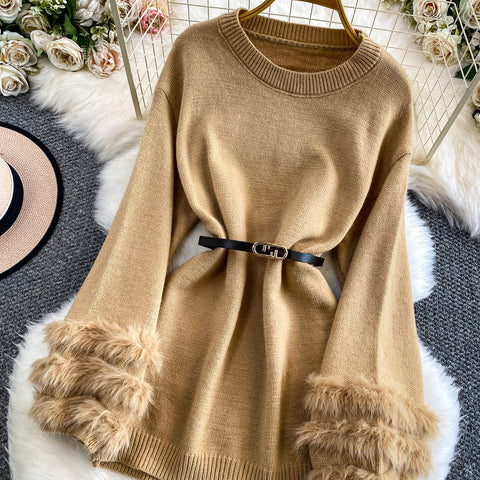 Furry Cuff Sweater with Waistband