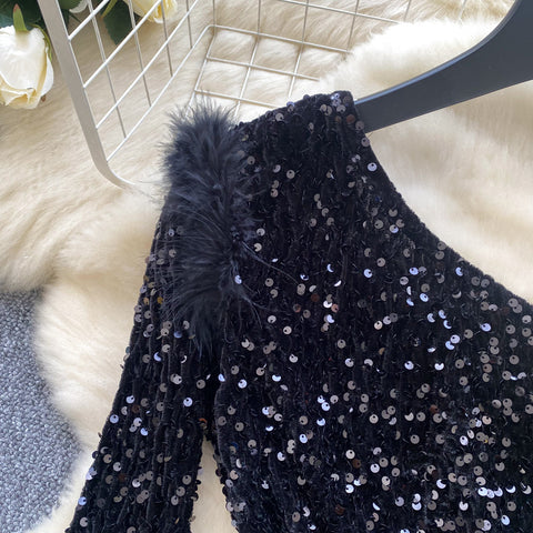 Slant Neckline Sequined Suede Dress