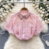 Niche Beaded Hollowed Mesh Blouse
