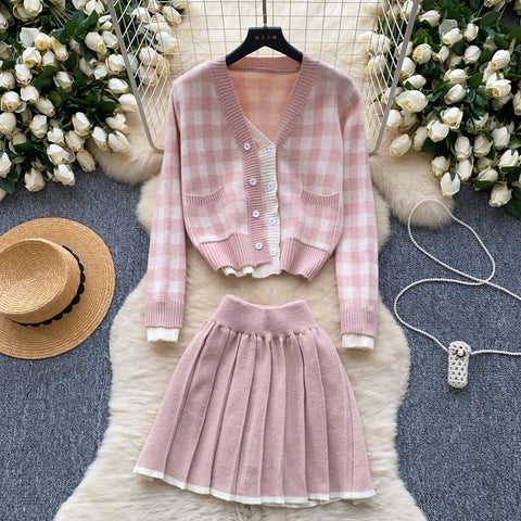 Lace-trim Cardigan&Skirt Plaid 2Pcs