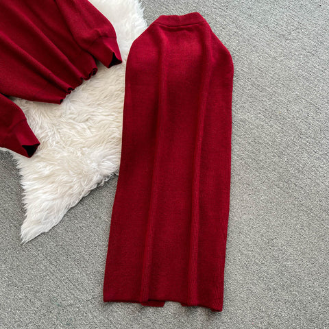Turtleneck Sweater&Split Skirt 2Pcs