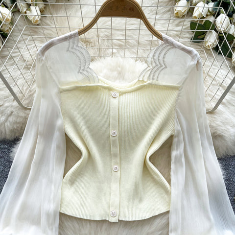 Elegant Mesh Patchwork Slim Cardigan