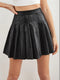 Simple Design PU Leather Pleated Skirt