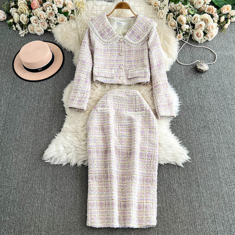 Lapeled Cardigan&Skirt Tweed 2Pcs