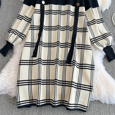 Plaid Knitted Patchwork Drawstring Dress