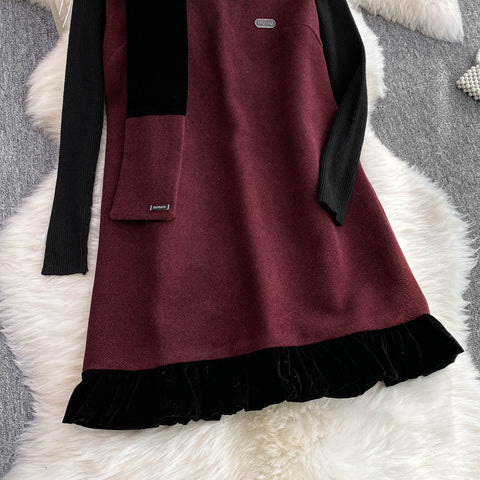 Patchwork Vest Dress&Black Sweater 2Pcs