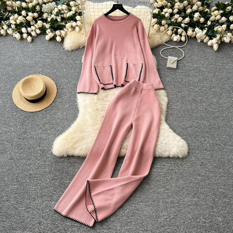 Round-collar Sweater&Trousers 2Pcs