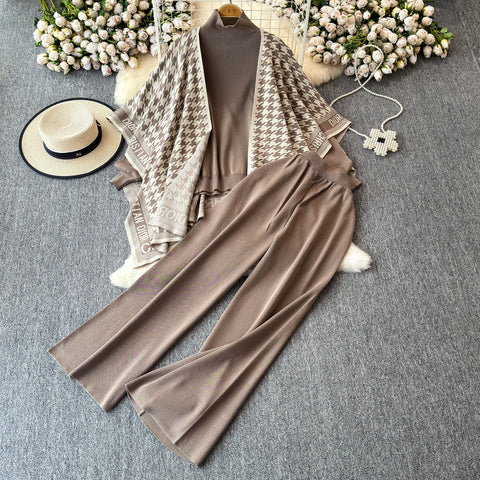 Sweater&Plaid Cardigan&Trousers Knitted 3Pcs