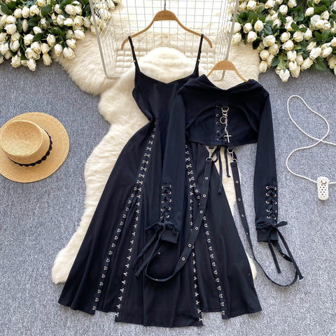 Niche Short Hoodie&Slip Dress 2Pcs