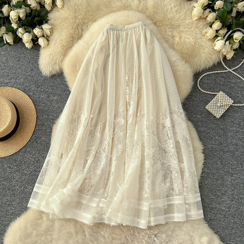 Hollowed Embroidered Mesh Half-body Skirt