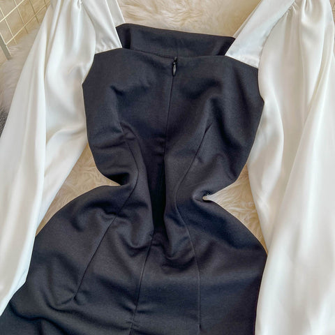 Square Neckline Black&White Fishtail Dress