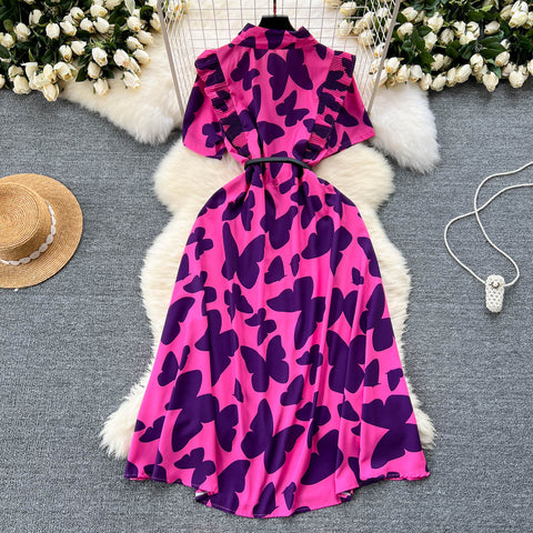 Niche Ruffled Printed Shirt Dress