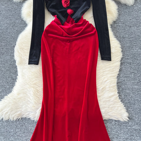 3D Floral Suede Patchwork Dress