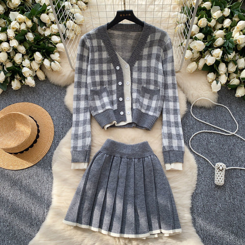 Lace-trim Cardigan&Skirt Plaid 2Pcs