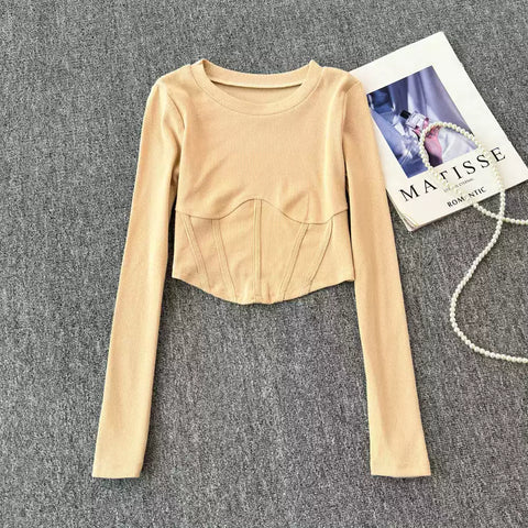 Round Collar Midriff-baring Fishbone Top
