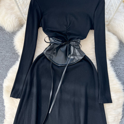 Niche Knitted Dress with PU Waistband