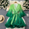 Elegant Lace-up Gradient Color Pleated Dress