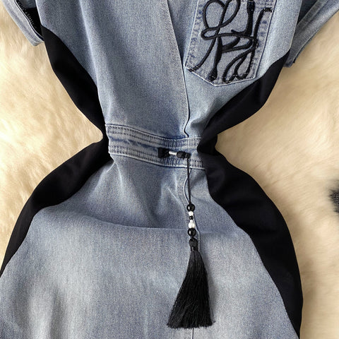 Ethnic Embroidered Lapeled Denim Dress