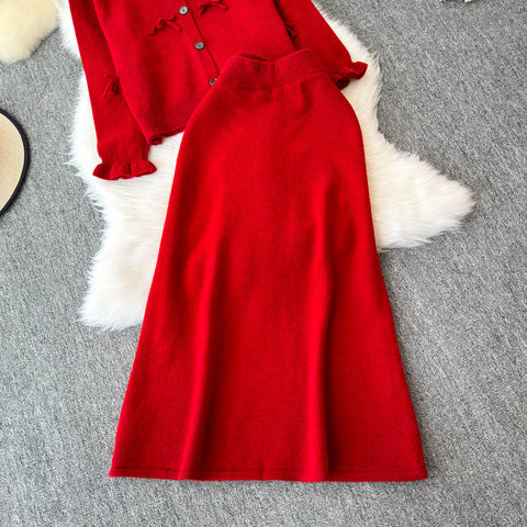 Bow Cardigan&Slim-fit Skirt 2Pcs