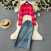 Striped Knitwear&Denim Skirt 2Pcs