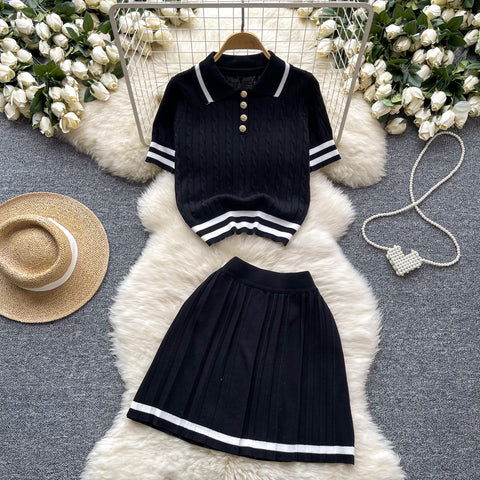 Lapeled Sweater&Pleated Skirt 2Pcs