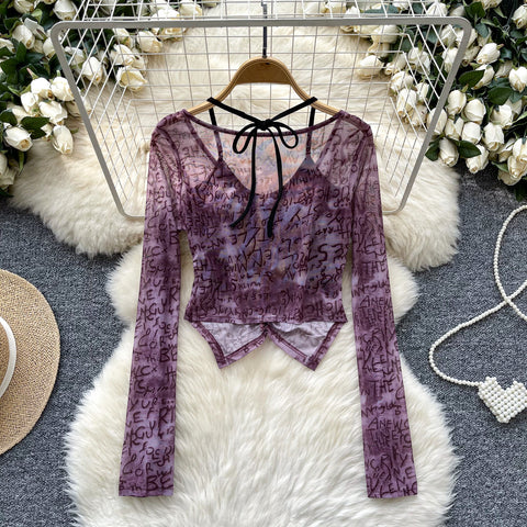 Faux Two-pieces Pleated Printed Top