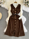 Corduroy Vest Dress&Knitwear 2Pcs