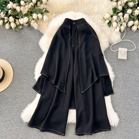 Faux Two-pieces Loose Black Trousers