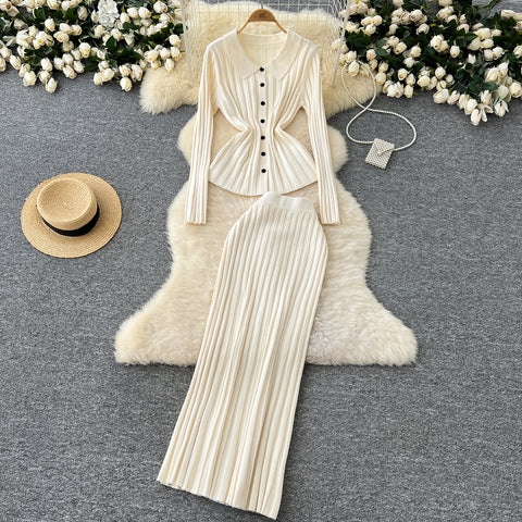 Waist-slimming Knitwear&Skirt Striped 2Pcs