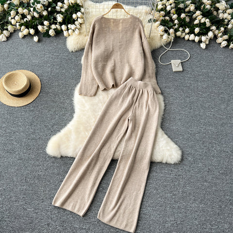 V-neck Sweater&Trousers Loose 2Pcs