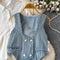 Denim Vest&Ruffled White Shirt 2Pcs