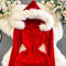 Furry Hooded Red Knitted Dress