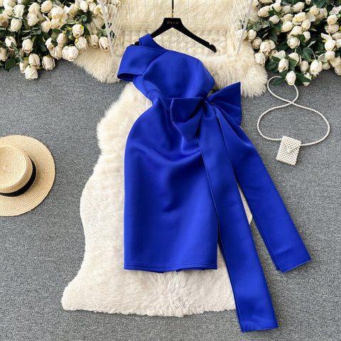 Slant Neckline Large Bow Dress